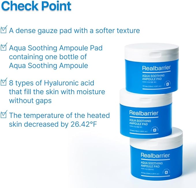 Real Barrier Aqua Soothing Ampoule Pad, 70 Pads, Cooling Soothing Facial Pad Mask for Redness Relief, Skin Barrier Repair Face Moisturizer with Hyaluronic Acid for Sensitive Dry Skin, Korean Skincare