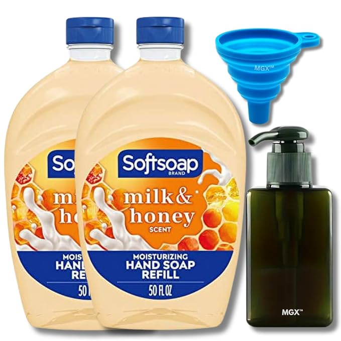 MGX Milk & Honey Scented Liquid Hand Soap Refill, 2pk 50 Oz Bundle Soap Dispenser Easy-Pour Funnel (3 Items)