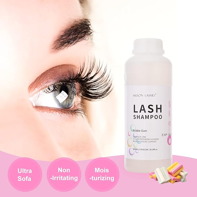 Arison Eyelash Eyelash Extension Shampoo 600ml / Eyelid Foaming Cleanser/Wash for Extensions and Natural Lashes/Paraben & Sulfate Free Safe Makeup & / Professional & Self Use (Bubble Gum)