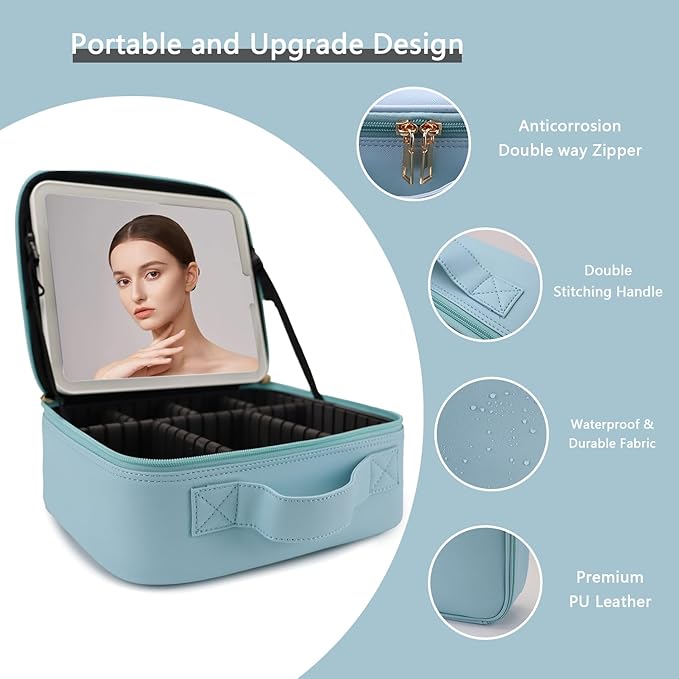 Travel Makeup Bag with LED Lighted Mirror,Cosmetics Organizer, Makeup Bag with 3 Color Lighted Setting, Portable Storage and Adjustable Dividers Travel Makeup Bag(baby blue)