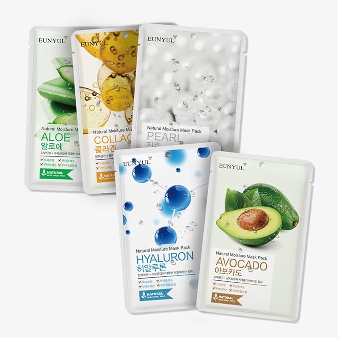 EUNYUL [PACK OF 50] Natural Sheet Mask Pack 5 types x 10 set/Aloe, Collagen, Pearl, Hyaluron, Avocado