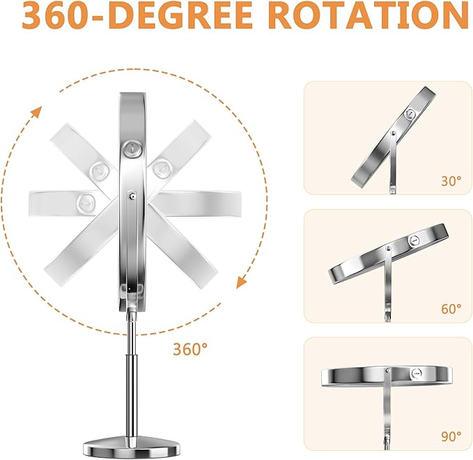 Hasipu 10-inch Lighted Makeup Mirror with Magnification, Rechargeable 3000 mAh Vanity Mirror with Lights, Desk Mirror with Dimmable Brightness, 3 Lighting Modes, Height Adjustment, 360° Rotation
