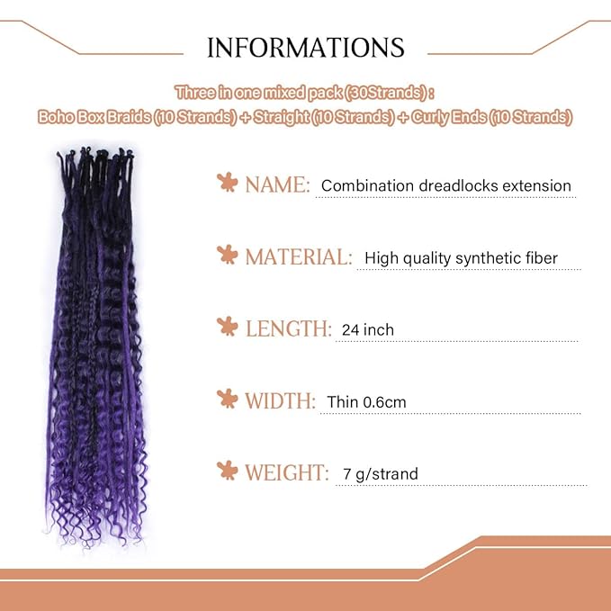 24 Inch 30 Strands SE Dreadlock Extensions Sets，3 In 1 Mixed Synthetic Dreads Extensions, Ombre Purple Straight&Curly&Boho Handmade Dreads Hippie Style Dreadlocks for Woman