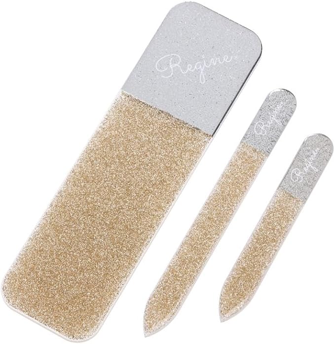 3pc Nano File Set: Professional Heavy Duty Glass Nail Files with Case Kit - Reusable Crystal Fingernail Manicure and Pedicure Tools for Men, Women, and Adults (Gold Shimmer)