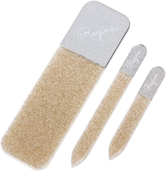 3pc Nano File Set: Professional Heavy Duty Glass Nail Files with Case Kit - Reusable Crystal Fingernail Manicure and Pedicure Tools for Men, Women, and Adults (Gold Shimmer)