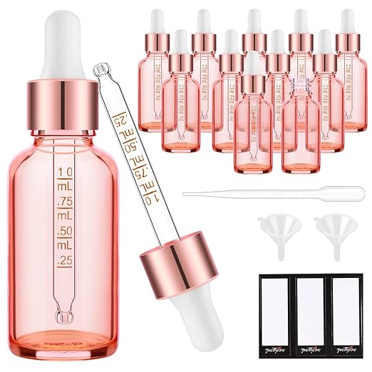 PrettyCare Glass Dropper bottle 2 oz (12 Pack Rose Eye Dropper Bottle 60 ml with Measured Pipettes, Golden Caps, Labels, Funnel) for Essential Oils, Beard Oil, Body Oil