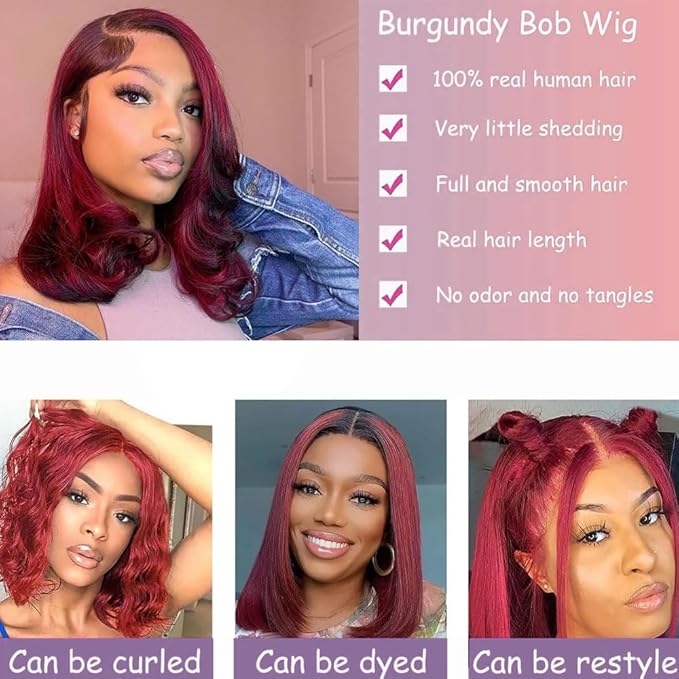 99j Burgundy Lace Front Wigs Bob Wig Human Hair 13x4 Lace Front Wigs Human Hair Pre Plucked 180% Density Short Straight Bob Wig Natural Hairline Wine Red Wig for Black Women 14inch