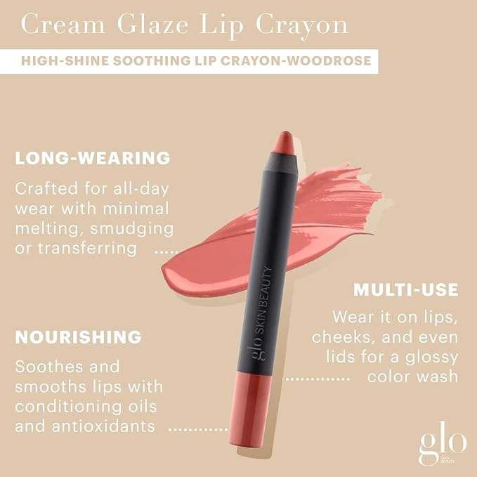 Glo Skin Beauty Cream Glaze Lip Crayon | New Neutral Shades, Mid-Tone Mauve Nude (Woodrose)