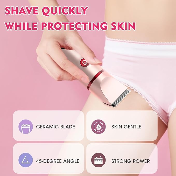 Bikini Trimmer for Women, 3 in 1 Electric Razors for Women, Waterproof Pubic Hair Trimmer and Facial Hair Remover, Rechargeable Electric Shaver for Underarm Leg Arm Body with LED Display, Pink