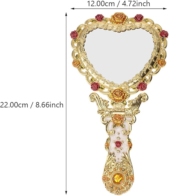 Beaupretty Hand Mirror Vintage Handheld Mirror Heart Shaped Travel Mirror Salon Barber Hairdressing Mirror Cosmetic Mirror for Pocket Purse Birthday Golden
