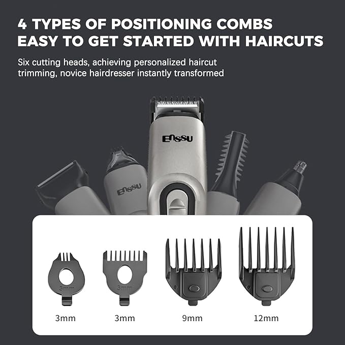 ENSSU Beard Trimmer for Men, 6-in-1 Cordless Body Grooming Kit with Hair Clippers, Beard, Ear & Nose Trimmer, Rechargeable Electric Razor Shaver