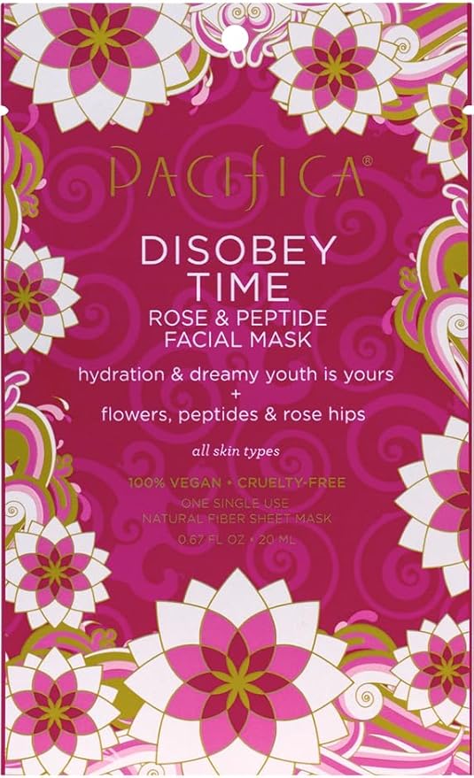 Pacifica Disobey Time Anti-Aging Facial Sheet Mask 6-Pack – Hydrating Rose & Peptide Mask for Dry Skin, Infused with Hyaluronic Acid & Green Tea, Fights Fine Lines, Vegan & Cruelty-Free