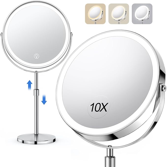 Lighted Makeup Mirror, Rechargeable Height Adjustable Double Sided, 1x/10x Magnifying with 3 Color, Brightness Adjustable, 360° Rotation Vanity, Gift for Women