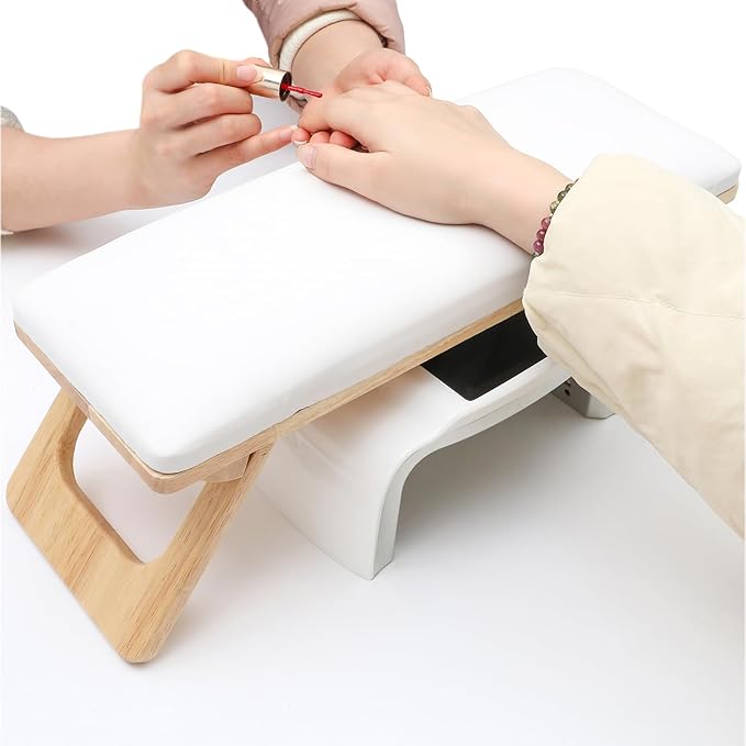 Arm Rest for Nails Tech, Professional Microfiber Leather Nail Arm Rest, Nail Pillow Rest Cushion with Soft High-Density Sponge, Solid Wood Non-slip Hand Rest Stand for Manicure Salon (White)