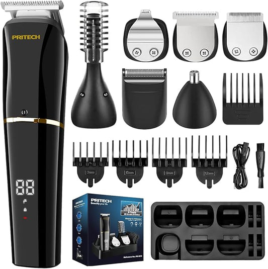 PRITECH Beard Trimmer for Men,6 in 1 Hair Clippers Kit, Precision Cordless Grooming Kit Waterproof IPX6 for Beard, Hair, Body, Nose, Ear, with Foil Razor (Black)