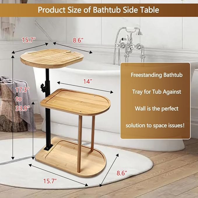 3 Layer Bathtub Tray Table,Bamboo Swivel Bathtub Side Table Height Adjustable,Freestanding Bathtub Tray for Tub Against Wall,Bathtub Accessories&Bathroom Organizer for Luxury Home Spa-Natural