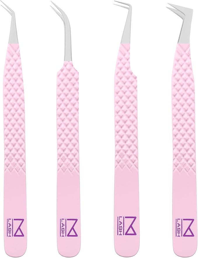 M LASH Tweezers for Eyelash Extensions (Set of 4) - Professional Lash Extension Tweezers - Fiber Tip, Japanese Steel, Diamond Grip Eyelash Extension Tweezer (Lilac)