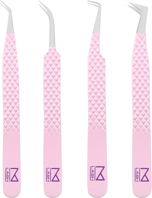 M LASH Tweezers for Eyelash Extensions (Set of 4) - Professional Lash Extension Tweezers - Fiber Tip, Japanese Steel, Diamond Grip Eyelash Extension Tweezer (Lilac)