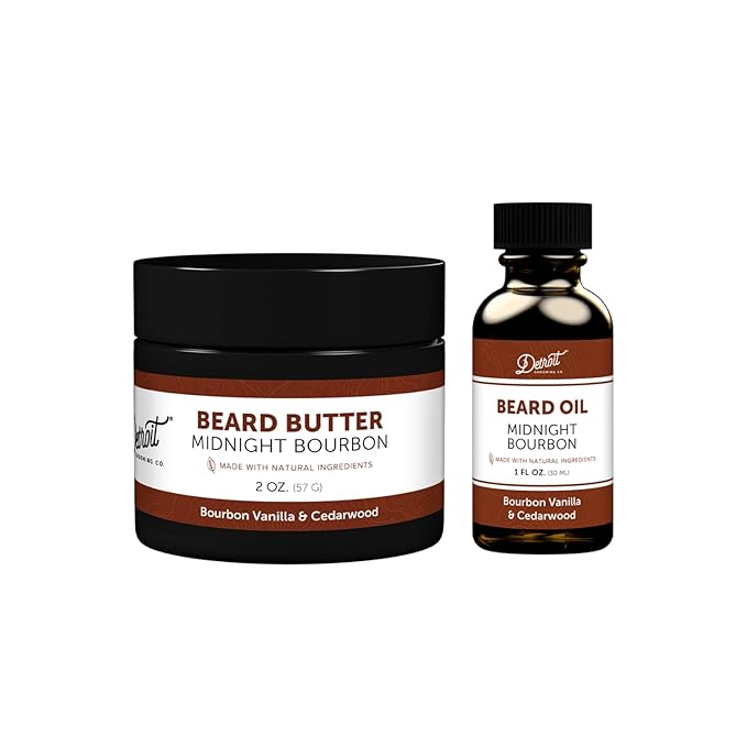 Detroit Grooming Co. Beard Oil & Beard Balm Bundle | Midnight Bourbon Scent (Bourbon Vanilla & Cedarwood) | Hydrating Beard Care Set with Vitamin E & Sunflower Oil | 1 oz Beard Oil & 2 oz Beard Balm