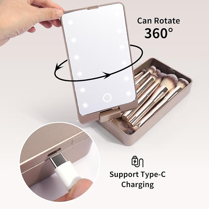 MAANGE 10 Pcs Makeup Brush Set Double-ended Kabuki Brush Travel Makeup Brushes for Foundation Powder Concealers Eye Shadows Makeup Tools Set with LED light Mirror (Gold)