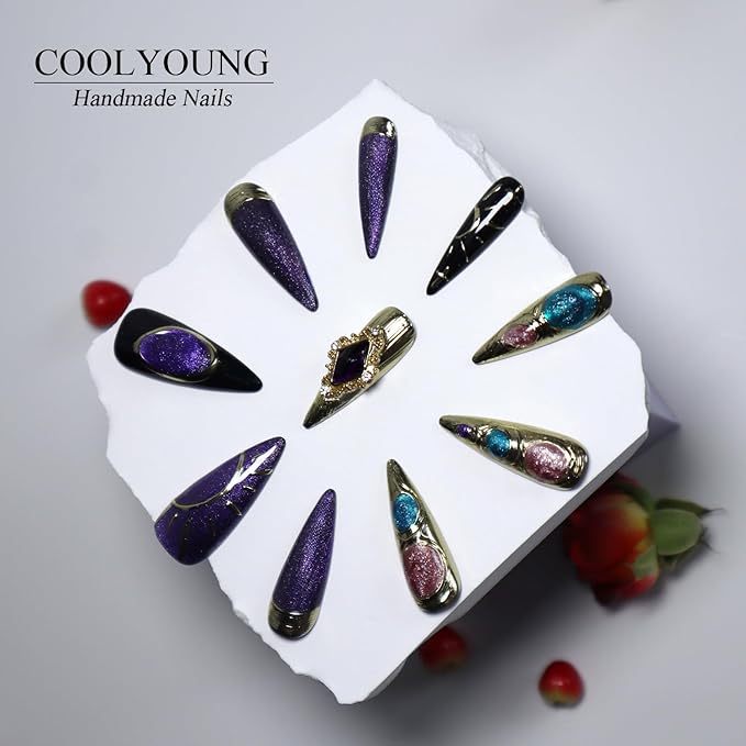 Homemade Press On Nails, Stiletto Press On Nails, Purple Nails, Metallic Press On Nails, 3D Press On Nails, Gel Press On Nails, Acrylic Press On Nails, Gifts for Women, COOLYOUNG Nails, 10 PCS,Size S