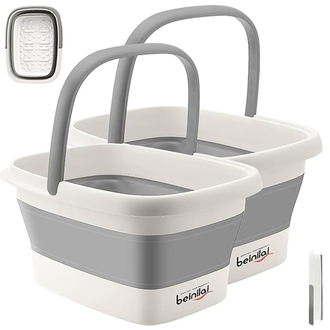 Collapsible Foot Bath Basin for Soaking Feet,Foot Soak Tub,Plastic Foot Bucket with Handles and Massage Acupoint,Foldable Laundry Basket-Gery (2 Pack)