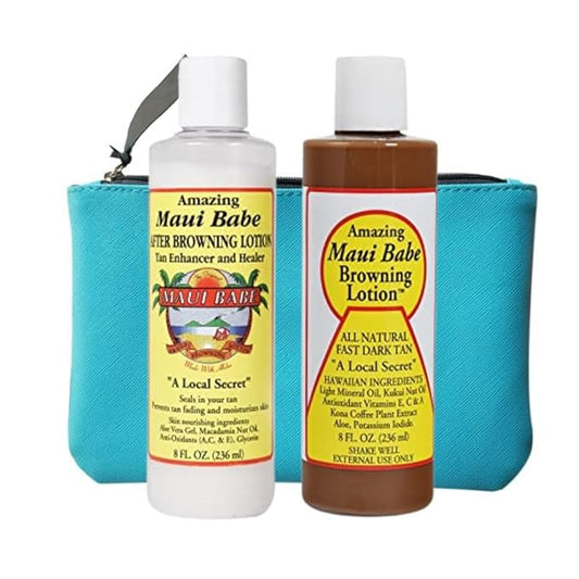 Maui Babe Tanning Lotion Set – 8oz Browning & After Sun Lotion with Makeup Bag – Outdoor Sun Tan Enhancer & Moisturizer