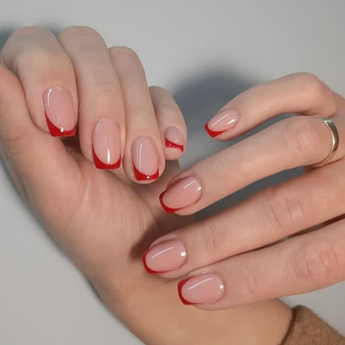 Modelones Press on Nails, Red Chrome French Short Square Fake Nails, Spring Easter Reusable Nail Kit with Nail Glue Adhesive Tabs Mini Nail File, Nails Press Ons 32Pcs16 Sizes, Women Girl Gift