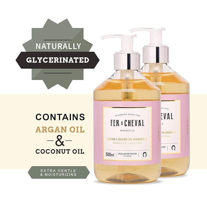 Fer à Cheval Fig Leaves Marseille Liquid Soap | Argan & Coconut Oil Blend, Gentle Hydration, SLS-Free, 97% Natural - Duo Set, 500ml / 16.9 f oz