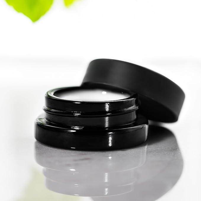 (90 Pack) 7ml Low Profile Thick Black Glass Jars with Black Lids - Airtight Containers for Oil, Lip Balm, Wax, Cosmetics