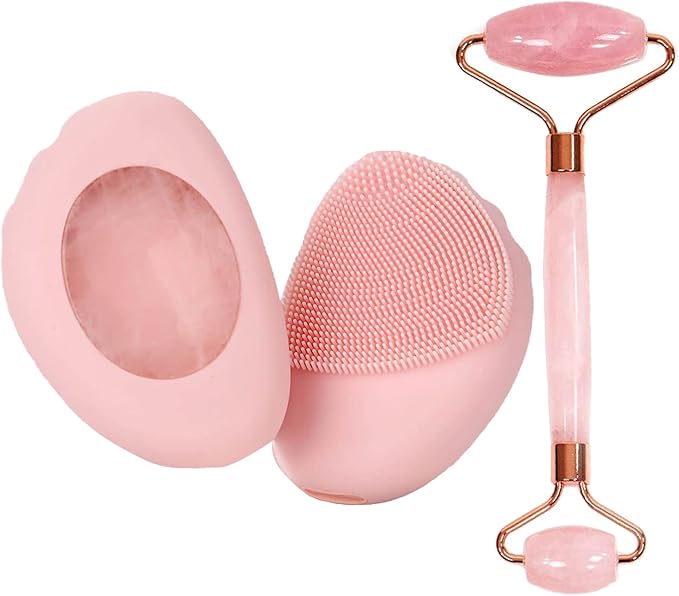 Sonic Facial Cleansing Brush- Deep Cleaning and Heated Rose Quartz, Silicone Face Brush - Vibrating Rose, Magnetic Charging and IPX7 Waterproof, Face Roller- Relieve Fine Lines and Wrinkles