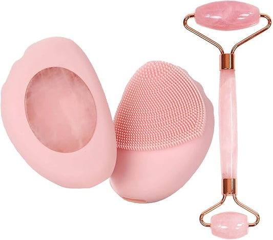 Sonic Facial Cleansing Brush- Deep Cleaning and Heated Rose Quartz, Silicone Face Brush - Vibrating Rose, Magnetic Charging and IPX7 Waterproof, Face Roller- Relieve Fine Lines and Wrinkles