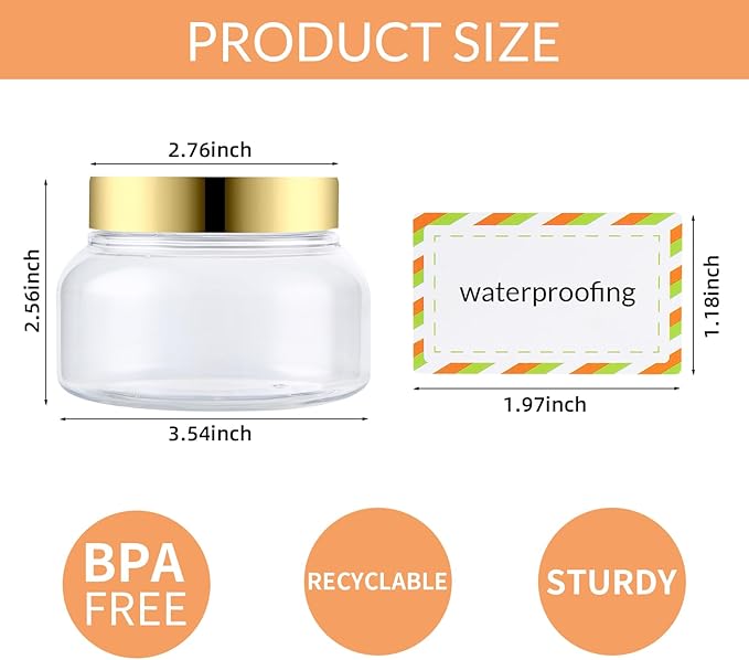 48 Pack 8 Oz Plastic Containers With Lids and Waterproof Label BPA Free - Refillable Transparent Cosmetic Containers for Body Butter,Sugar Scrubs,Cream,Lotions,Candy,Bath Salt (48, Gold)