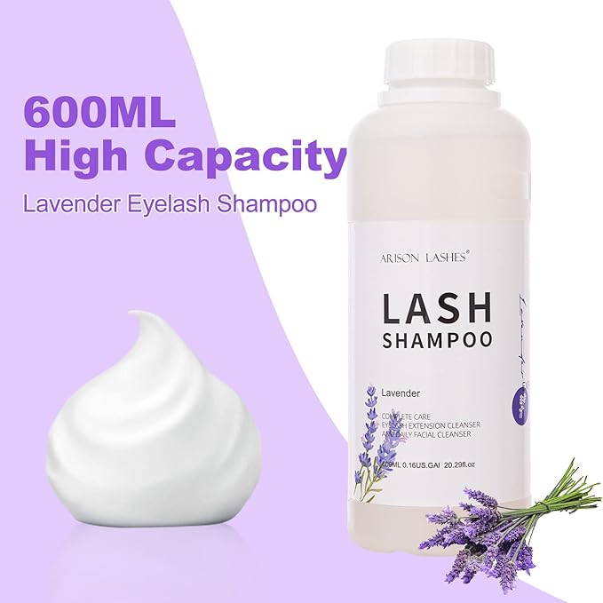 Arison Eyelash Eyelash Extension Shampoo 600ml / Eyelid Foaming Cleanser/Wash for Extensions and Natural Lashes/Paraben & Sulfate Free Safe Makeup & / Professional & Self Use (Lavender)