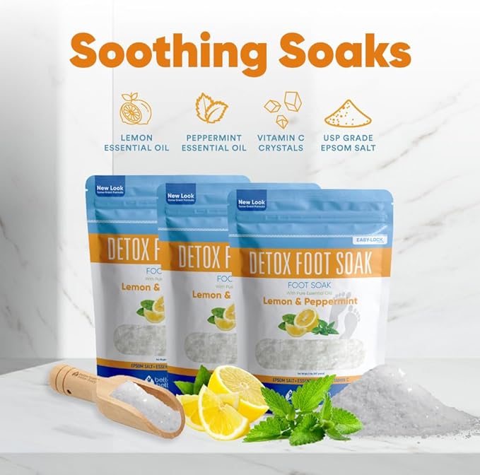Detox Foot Soak (3 Pack Plus Scoop) Epsom Salt Soothing Soaks and Athlete's Foot Detox with Essential Oils in BPA Free Pouch with Press Lock Seal (Bundle with Three 2 Lbs Pouches 6 Lbs Total)