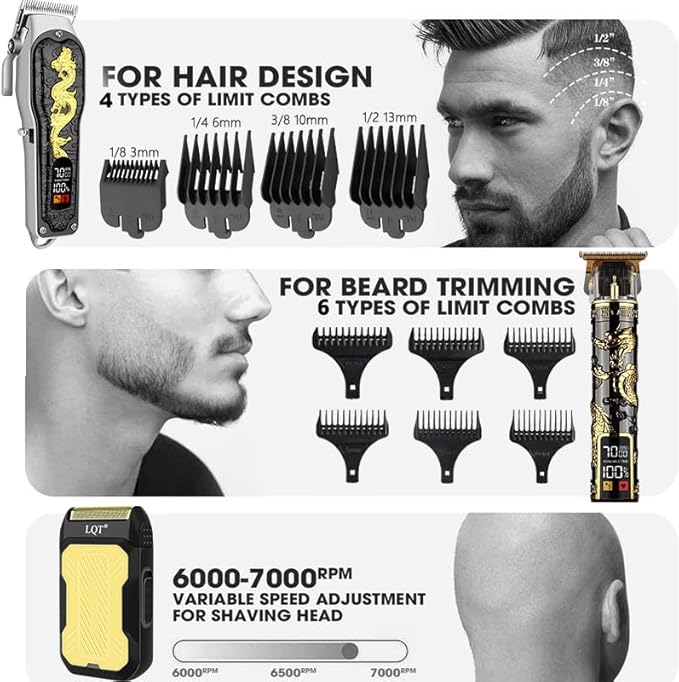 Hair Clippers 3-Piece Men's Professional Cordless Haircutting Set with LED Display, Trimmer, Shaver, Beard Clipper - Father's Day Gift
