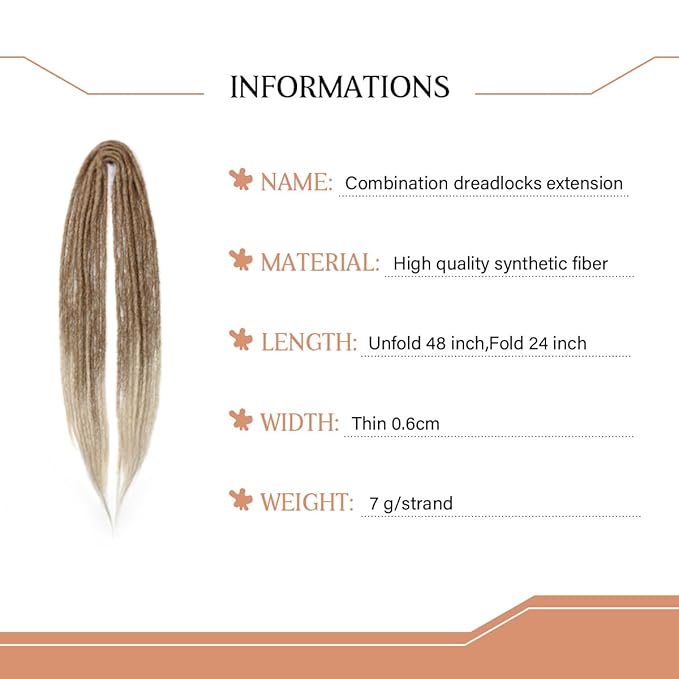 24 In Double Ended Dreadlock Extensions, Brown to Blonde 10 Strands Thin 0.6cm Width Synthetic DE Dreads Extensions, 100% Handmade Dreads Hippie Style Dreadlocks for Woman