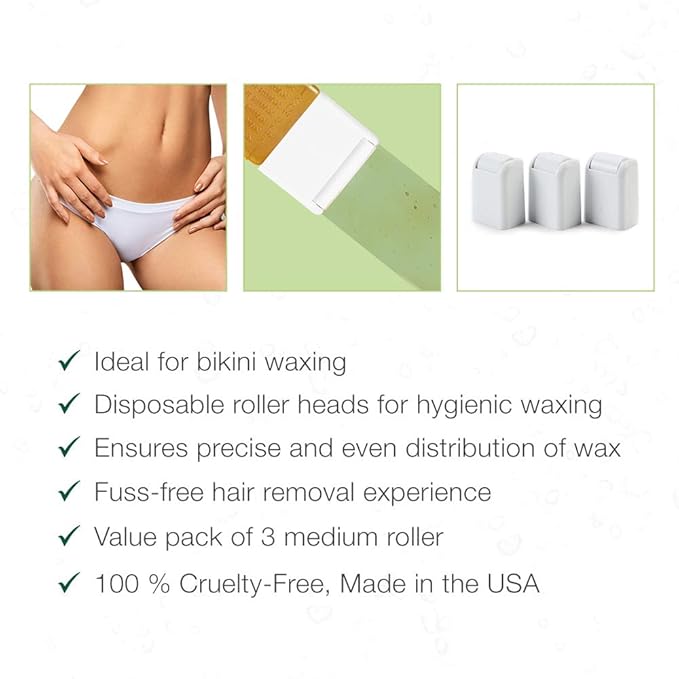 Clean + Easy Large Roller Heads for Roll On Wax Refill, Easy to Attach, Hair Removal on Legs, Body & Bikini, Soft Wax Replacement Head, 3 Roller Heads - 1 Pack
