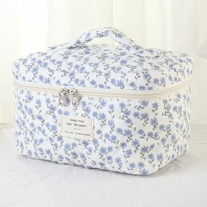 3Pcs Makeup Bag Cotton Quilted Travel Cosmetic Bag Cute Floral Makeup Pouch Large Toiletry Bag for Women Girls (Flowers-Blue)