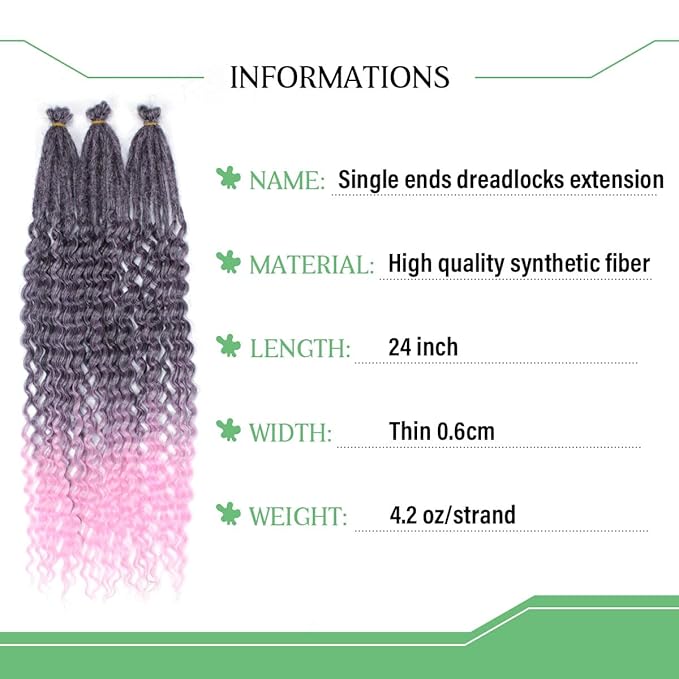 Single Ended Wavy Dreadlock Extensions,24 Inch 30 Strands Ombre Pink Dreads Set Synthetic Curly Hippie Style Dreads Handmade Dreads Extensions