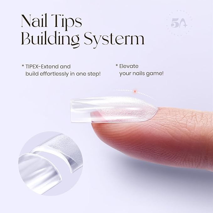 Tipex Gel Nail Tips Kit, Pre-etched Acrylic Hard Nail Tips Set for Beginners, Short Square Full Cover Press On Nails, Deep C Curve Flat Nails, 16 Sizes, UV Nail Glue, LED Lamp, Base Gel