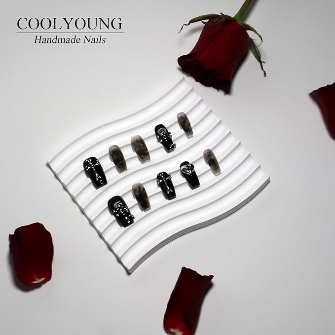 Handmade Press On Nails, Press On Nails Coffin, Black Press On Nails, Ombre Nails, Press On Nails With Designs, Medium Press On Nails, Reusable Nails, Woman Gifts, COOLYOUNG Nails, 10 PCS, Size S