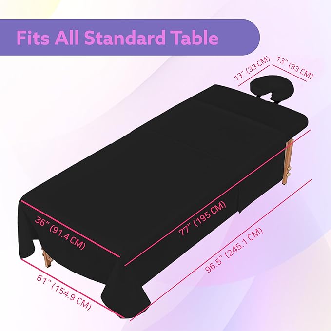 Massage Table Sheets Sets – 4 Set Bundle, 120GSM Double Brushed Microfiber, Premium Massage Sheets Sets, Spa Bed Sheets for Esthetician, Wrinkle & Oil Resistant, Black