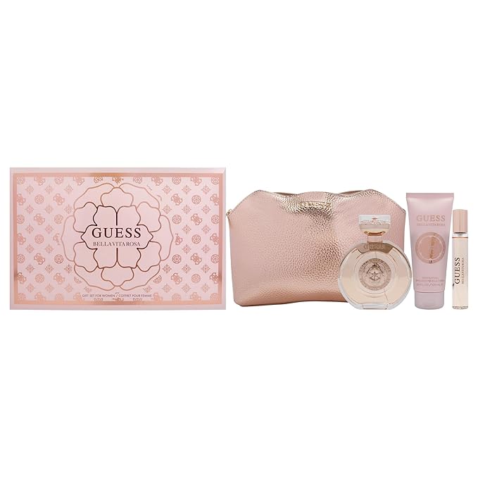 Guess Bella Vita Rosa for Women - 4 Pc Gift Set 3.4oz EDT Spray, 0.5oz EDT Travel spray, 3.4oz Body Lotion, Pouch