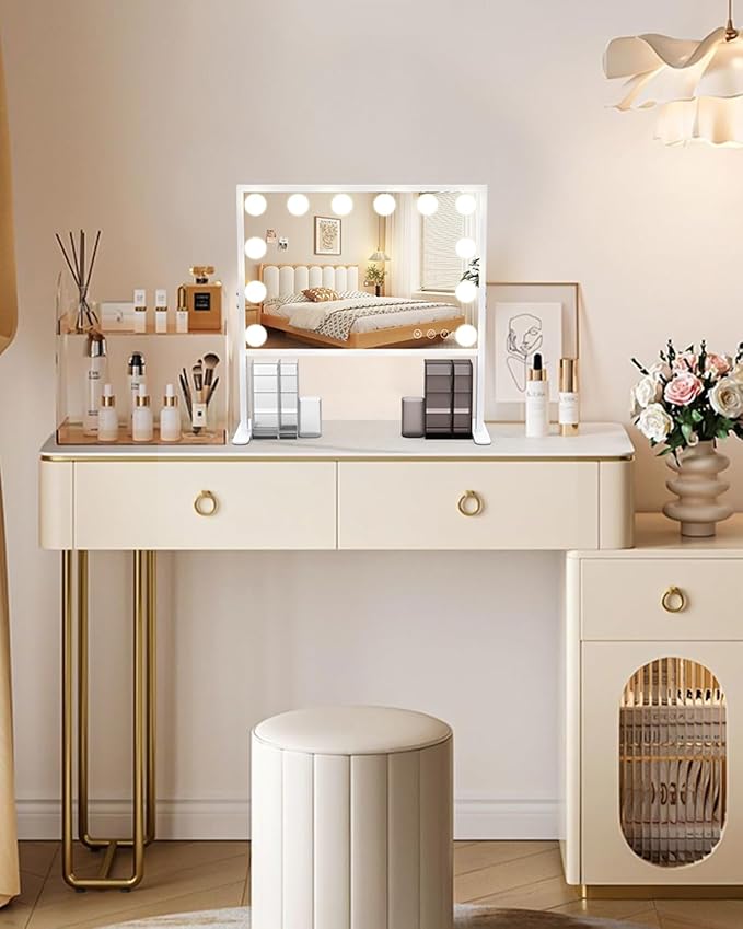 BESTOPE PRO Vanity Mirror with Lights, 23.6'' x 22.4'' Height Adjustable Makeup Hollywood Mirror with 3 Color Modes, 10X Magnification and 2 Storage Boxes, USB Charging Port, Phone Holder, Women Gifts