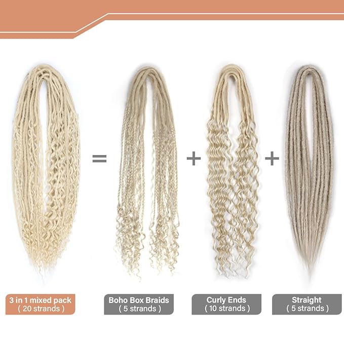 24 Inch Double Ended Dreadlock Extensions Sets, 20 Strands 3 In 1 Mixed Synthetic Dreads Extensions, 613 Blonde Straight&Curly&Boho Handmade Dreads Hippie Style Dreadlocks for Woman