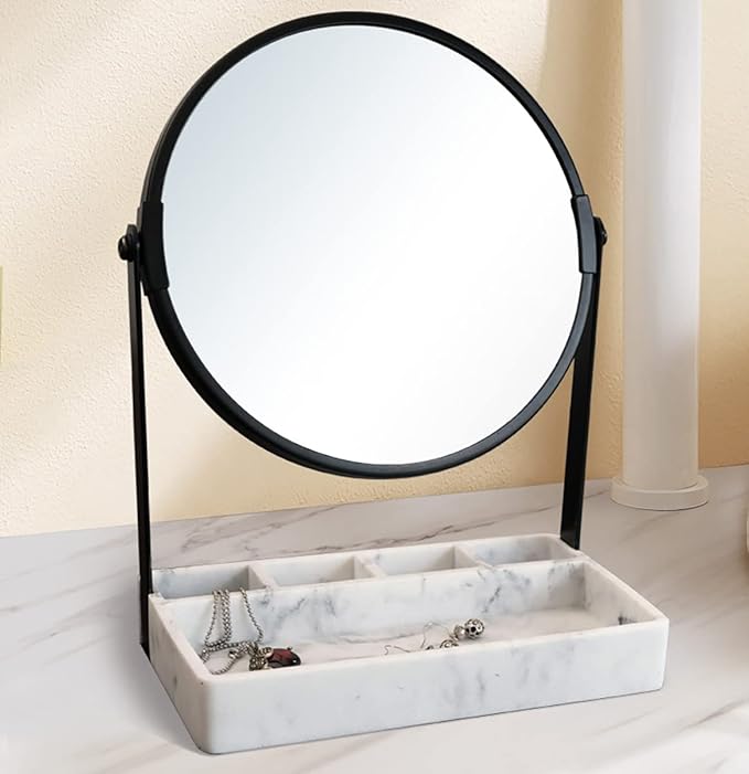 Vanity Mirror With Marble Tray, Two-Sided 6 Inches 1X/3X Magnification Makeup Mirror With Stand, Table Mirror