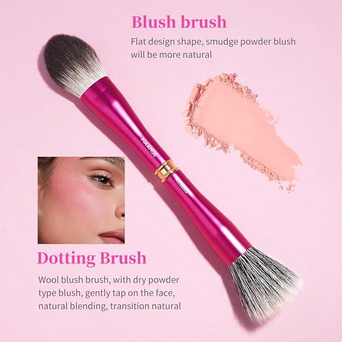 MAANGE 12 Pcs Makeup Brush Set Double-ended Kabuki Brush Travel Makeup Brushes for Foundation Powder Concealers Eye Shadows Makeup Tools Set with LED light Mirror (Pink)