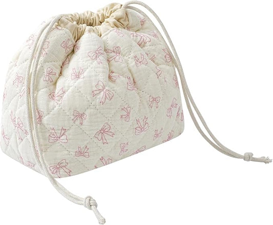 Cotton Quilted Drawstring Makeup Bag with Canvas Lining,Coquette Aesthetic Cute Travel Toiletry Bag,Drawstring Gift Bag for Women and Girls（12White Small Bow）