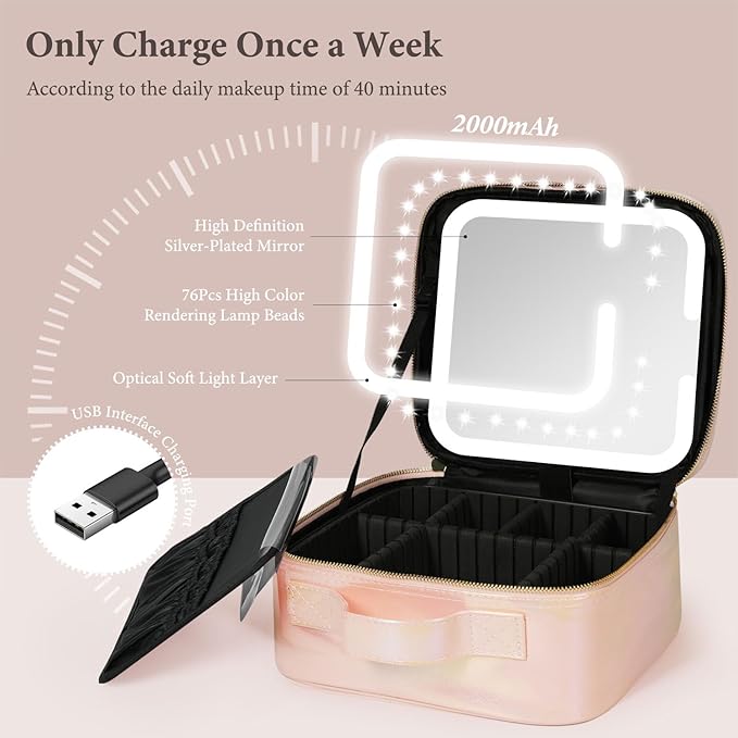 Travel Makeup Bag with LED Lighted Mirror, Cosmetic Makeup Organizer Bag with 3 Color Setting, Makeup Train Case with Adjustable Dividers for Women Makeup Brushes Jewelry Accessories